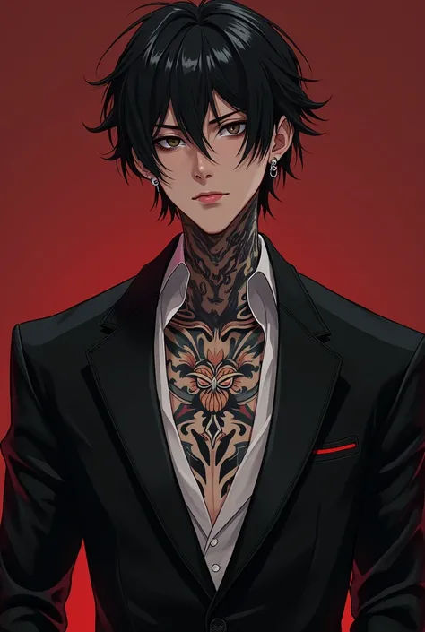 a man wearing a tuxedo with the middle unbuttoned, You can see his chest and neck full of tattoo, sensual image without being vulgar, shiny jet black hair, messy black hair, he looks at the camera , with half-closed eyes sensual look, full lips. he has pie...