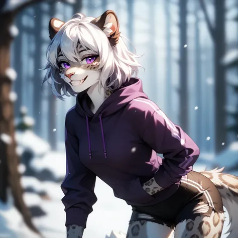 (Masterpiece), best quality, highest quality, highly detailed CG unity 8k wallpaper, original, high resolution, (depth of field: 1.5), fidelity: 1.3, solo focus, anthropomorphic snow-leopard, female, golf white hair, purple eyes, purple hoodie, black rippe...