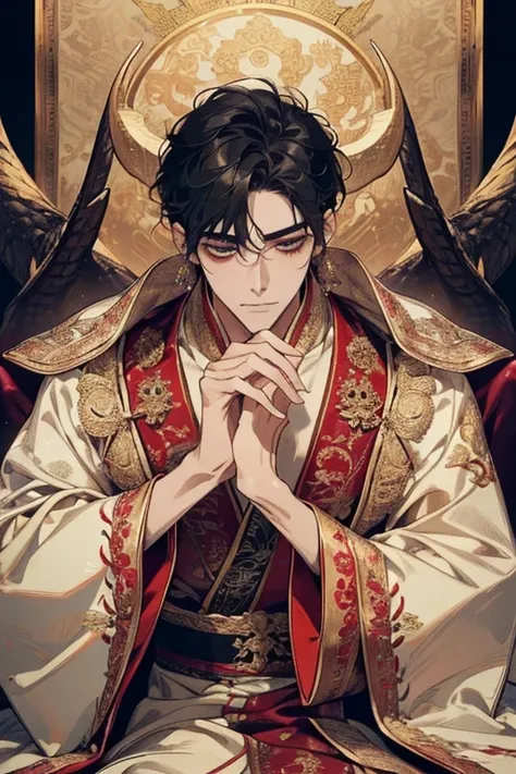 ( perfect details : 1.5,  8k wallpaper ,  masterpiece,  best quality,  ultra-detailed )  A man, emperor,  Delicate facial features, Asian face,  short black hair , thin hair,  tied hair,  dragon robe embroidered on golden silk, Hanfu, Sitting on a dragon c...