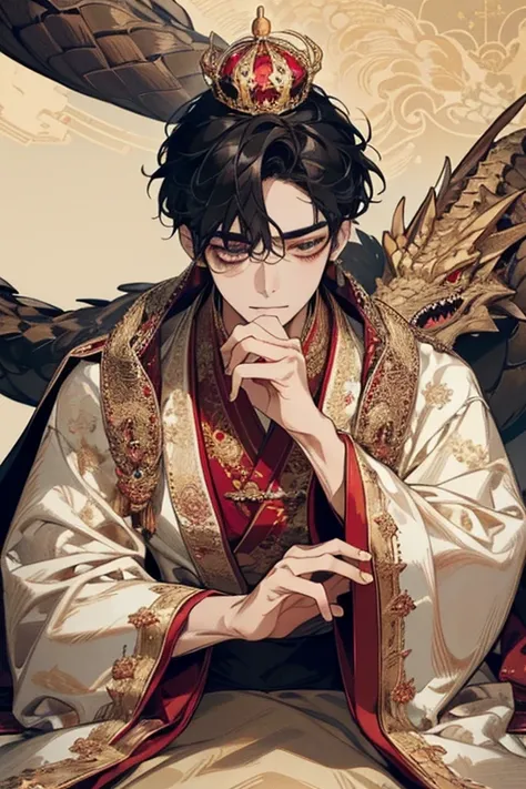 ( perfect details : 1.5,  8k wallpaper ,  masterpiece,  best quality,  ultra-detailed )  A man, emperor,  Delicate facial features, Asian face,  short black hair , thin hair,  tied hair,  dragon robe embroidered on golden silk, Hanfu, Sitting on a dragon c...