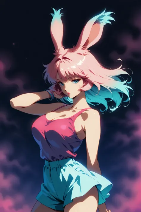  top quality, illustrator anime ,  style retro classic,  masterpiece :1.5、(Minimal Art), Viera woman、Colored Hair, silence、Fatigue、Densely painted, plain tank top , Big Breasts,  portrait,  neon color palette , full body shot










