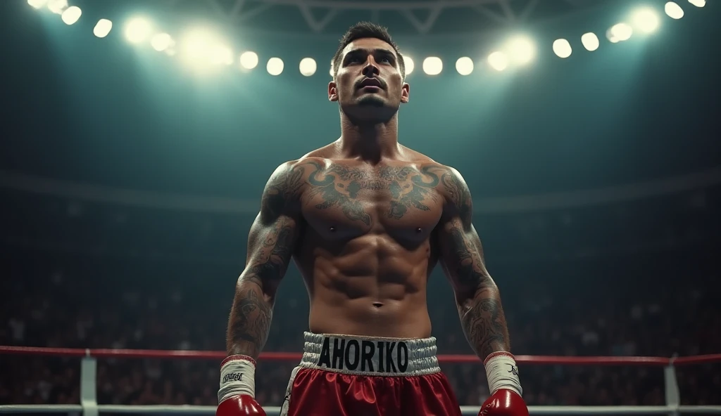 4k hd ultra detailed dramatic epic movie scene showcasing the champion of boxing in the middle of the ring alone showing off his muscles his pectorals and abdominals and his intimidating face, he is alone in the middle of the ring showcasing his strength h...