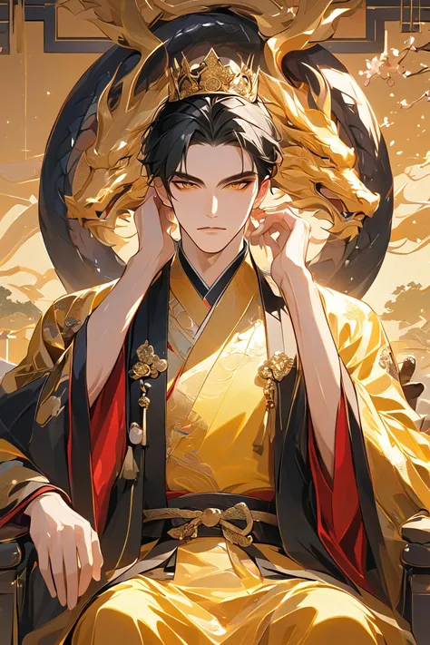 ( perfect details : 1.5,  8k wallpaper ,  masterpiece,  best quality,  ultra-detailed )  A man, emperor,  Delicate facial features, Asian face,  short black hair , thin hair,  tied hair,  dragon robe embroidered on golden silk, Hanfu, Sitting on a dragon c...