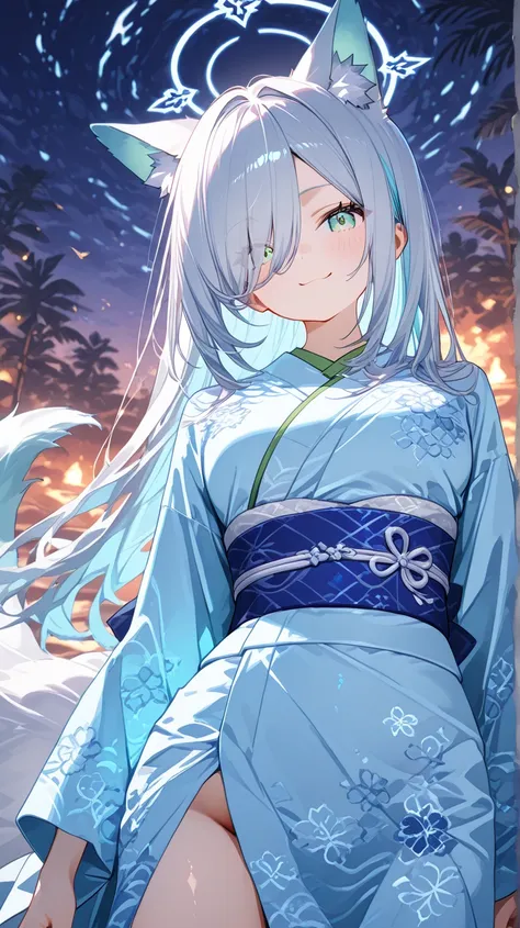  Gray Hair、long hair、hair over one eye、summer、sea、Ruins、Cumulonimbus、 slender、magenta accentcolor、  cute pose、smile、  Cool Personality、  boyish、July、 white and blue kimono、 Fox Ears、fox tail、 floating hair、 high school girl、、masterpiece、masterpiece、 pale b...