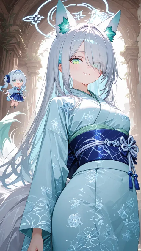  Gray Hair、long hair、hair over one eye、summer、sea、Ruins、Cumulonimbus、 slender、magenta accentcolor、  cute pose、smile、  Cool Personality、  boyish、July、 white and blue kimono、 Fox Ears、fox tail、 floating hair、 high school girl、、masterpiece、masterpiece、 pale b...