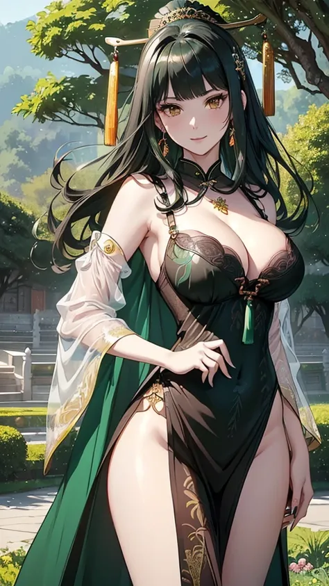 Masterpiece, Ultra High Quality, Ultra HD Quality, The Most Beautiful Woman in History, Anime, Slender Body, ((Large and Ample Breasts, Cleavage)), Tall, Small Face, Well-proportioned Figure, ((Beautiful White Skin)), (Shiny dark green Hair: 1.2), ((Updo H...