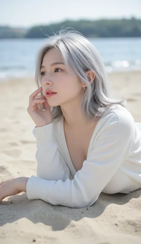  Japanese girl with silver hair、A beautiful, delicate body with white skin、The height is petite and the waist is thin、 man with white sweater {x} medium hair with waves、naked、Beautiful small face 、 big eyed 、 D cup breasts、No tattoos 、 no pubic hair 、A fan...