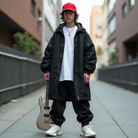 black Asylmurat outerwear,  white t-shirt ,  white sneakers in hand, Guitar in hand, red cap