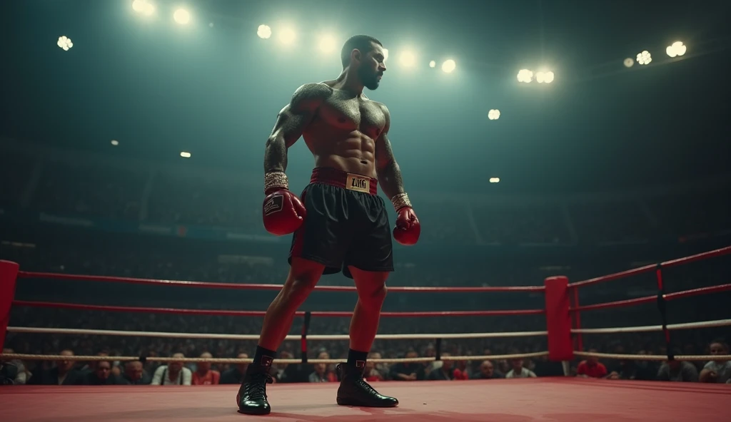 dramatic epic movie scene showcasing the champion of boxing in the middle of the ring alone showing off his muscles, he is alone in the middle of the ring showcasing his strength he is a boxing handsome muscular chiseled muscles and handsome muscular and l...