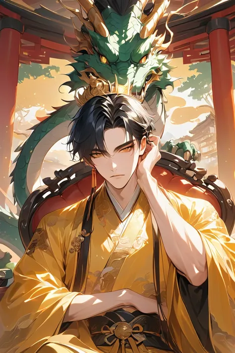 ( perfect details : 1.5,  8k wallpaper ,  masterpiece,  best quality,  ultra-detailed )  A man, emperor,  Delicate facial features, Asian face,  short black hair , thin hair,  tied hair,  dragon robe embroidered on golden silk, Hanfu, Sitting on a dragon c...