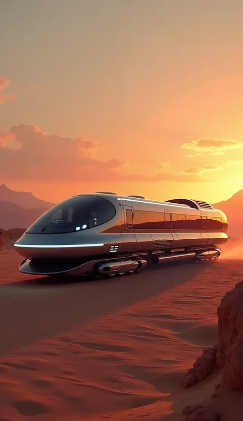 A futuristic hybrid vehicle combining the power of a high-speed train and the versatility of a sleek hover-boat. The vehicle has a streamlined, aerodynamic train-like body with a reinforced hull that allows it to glide effortlessly over both land and water...