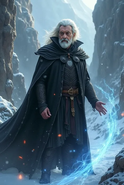 wizard men in his 30s, white hair, doing a spell,  winter, flames in brown eyes,  black cloak, confident face, delicate detail. ultra details. highly detailed characters, dark atmospere