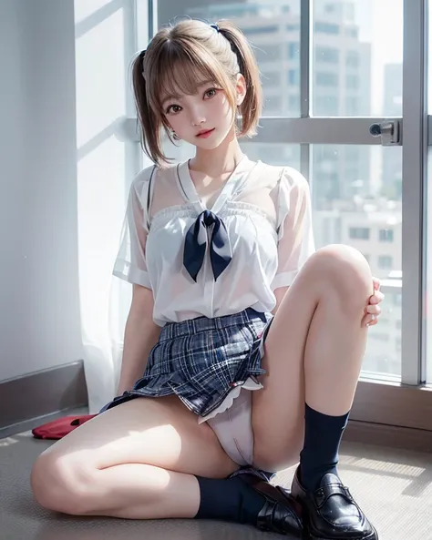  blond,   Twin Tails,   high school girl,    Japanese Gal with Megaphone  ,   crotch, smile,  feet 、(4K,   top quality of talks,   high definition :1.1), probably., 18 years old、 Strong red light hits my face  ,   lies down,   sitting, 両feetを上げる、  panties,...