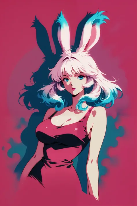  top quality, illustrator anime ,  style retro classic,  masterpiece :1.5、(Minimal Art), Viera woman、Colored Hair, silence、Fatigue、Densely painted, plain tank top , Big Breasts,  portrait,  neon color palette , full body shot










