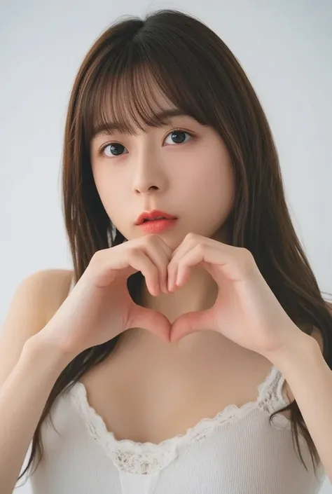    shining in the eyes  {x}  makes a heart shape with both hands :2.0、 instagrammable:1.2 ( RAW photos in the loop、8k、32K、masterpiece、 is present、   photorealistic:1.37)、Cute Japanese women images、 tank top in a dark room、  in natural light、   upper body、 ...