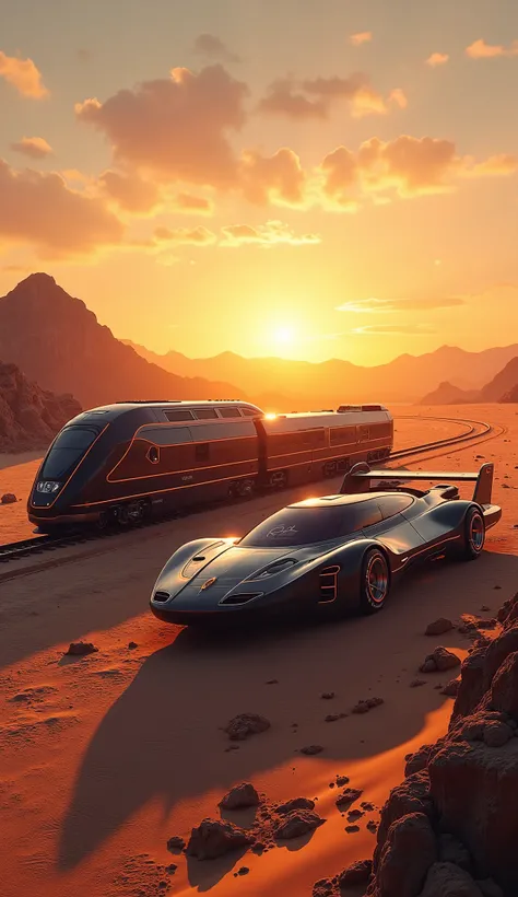 A  train and a sleek hover-boat stand side by side in a vast desert landscape, positioned separately but sharing the same scene. The train has a streamlined, aerodynamic design with glowing neon accents, built for extreme speeds across rugged terrain. Besi...