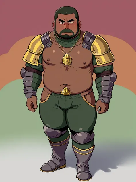 Cartoon network style , (masterpiece, best quality:1.2), 1man, solo, Chubby, Papa, Chubby , Dark-Tan skin , crew cut , ashamed face , Micro Black armor , shoulder armor, breastplate, closed mouth, pauldrons , standing , boots , full body