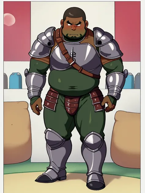 Cartoon network style , (masterpiece, best quality:1.2), 1man, solo, Chubby, Papa, Chubby , Dark-Tan skin , crew cut , ashamed face , Micro Black armor , shoulder armor, breastplate, closed mouth, pauldrons , standing , boots , full body