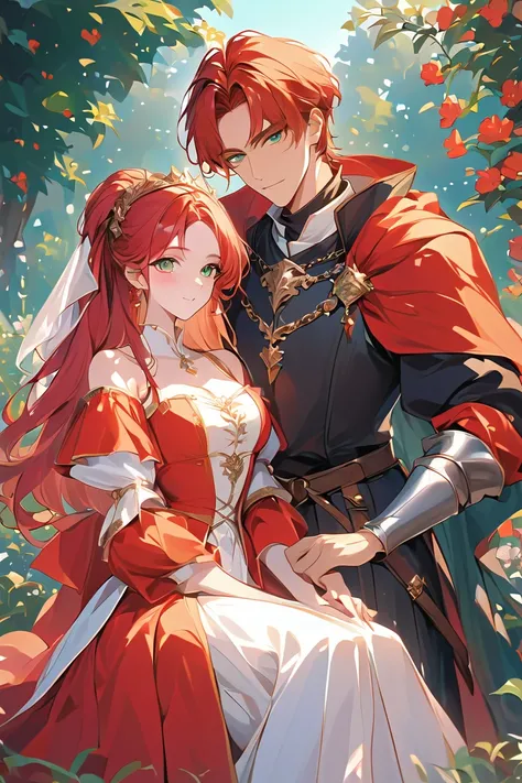 A light brown man and a red-haired woman dressed in medieval clothes posing for a painting,  as a medieval fantasy character , in a garden 