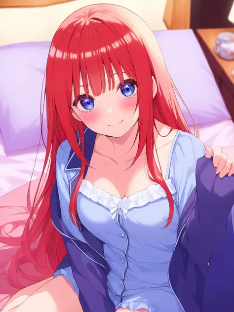  top quality、masterpiece、 1 girl、 The Quintessential Quintuplets、 Nino Nakano、In pajamas、Morning bedroom、 long hair、Red Hair