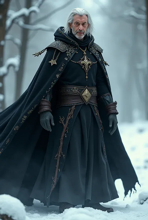 wizard men in his 30s, white hair, winter, flames in brown eyes,  black cloak, confident face, delicate detail. ultra details. highly detailed characters, dark atmospere