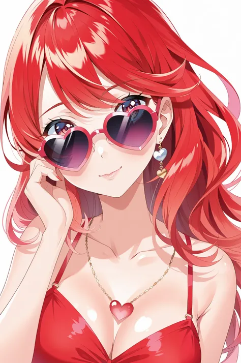 Watercolor, vector style illustration of a fashionable red haired girl, wearing heart-shaped sunglasses, White background. Isolated subject