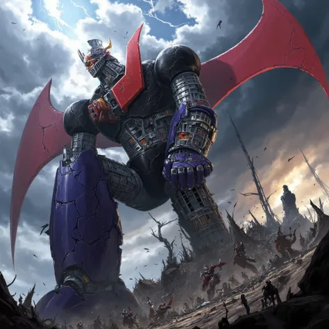 Mazinger Z , teeth、 is in a battle pose at a height of 100 meters  　 , engulfed in flames, is surrounded by multiple giant enemy robots and has taken heavy damage and collapsed, Armor is destroyed and kneels  , A very realistic version of Mazinger Z with h...