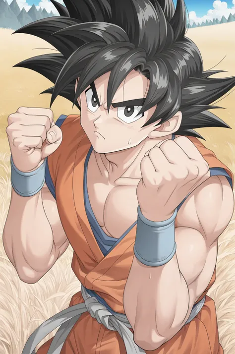 anime screencap,8k, absurd res, son goku, solo, looking at viewer, blue sky, black hair, 1boy, grass, closed mouth, collarbone, male focus, black eyes, sash, frown, spiked hair, blue wristband, clenched hand,clenched hands, serious