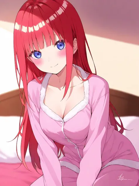  top quality、masterpiece、 1 girl、 The Quintessential Quintuplets、 Nino Nakano、In pajamas、Morning bedroom、 long hair、Red Hair