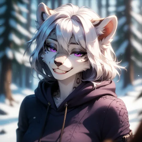 (Masterpiece), best quality, highest quality, highly detailed CG unity 8k wallpaper, original, high resolution, (depth of field: 1.5), fidelity: 1.3, solo focus, anthropomorphic snow-leopard, female, shoulder length white hair, detailed purple eyes, purple...