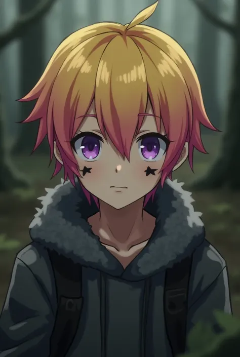 A young, anime-style character, positioned slightly to the left of center in the frame, is the main subject.  The character appears to be male, with short, vibrant yellow and pink hair.  The character has striking purple eyes with dark star-like markings. ...