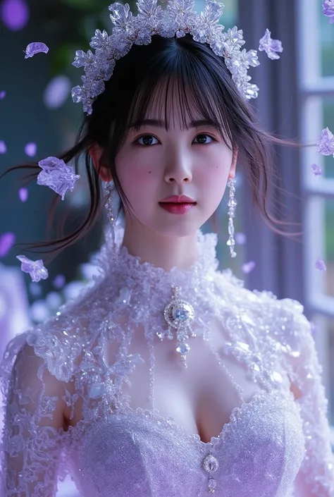 You will create a Japanese Unreal Beauty Queen, 
Short Hairs called Victoria of Glass, 
Hair blowing in the wind, 
her body is entirely made of prismatic crystal glass in luminous White-purple colors with prismatic luminous fragmentation and she wears a pr...