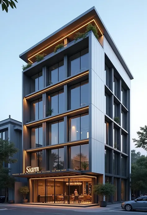 A sleek, minimalist hotel exterior design, combining two buildings into a single, modern structure named SIAM Hotel & Restaurant. The façade is streamlined and symmetrical, using Alucobond panels in white, charcoal gray, and metallic gold for a sophisticat...