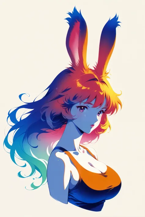  top quality, illustrator anime ,  style retro classic,  masterpiece :1.5、(Minimal Art), Viera woman、Colored Hair, silence、Fatigue、Densely painted, plain tank top , Big Breasts,  portrait,  neon color palette , full body close up










