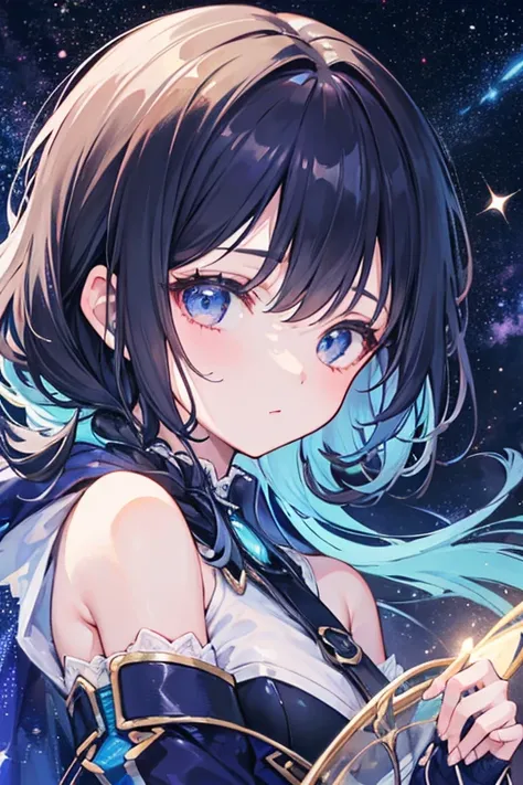   attention to detail ,  Super Detail,  super high resolution,  A girl having a great time in the galaxy of dreams , Surrounded by stars, Warm light shining on her , Background、 Starry sky with colorful galaxies and galactic clouds,  STARS FLYING AROUND HE...