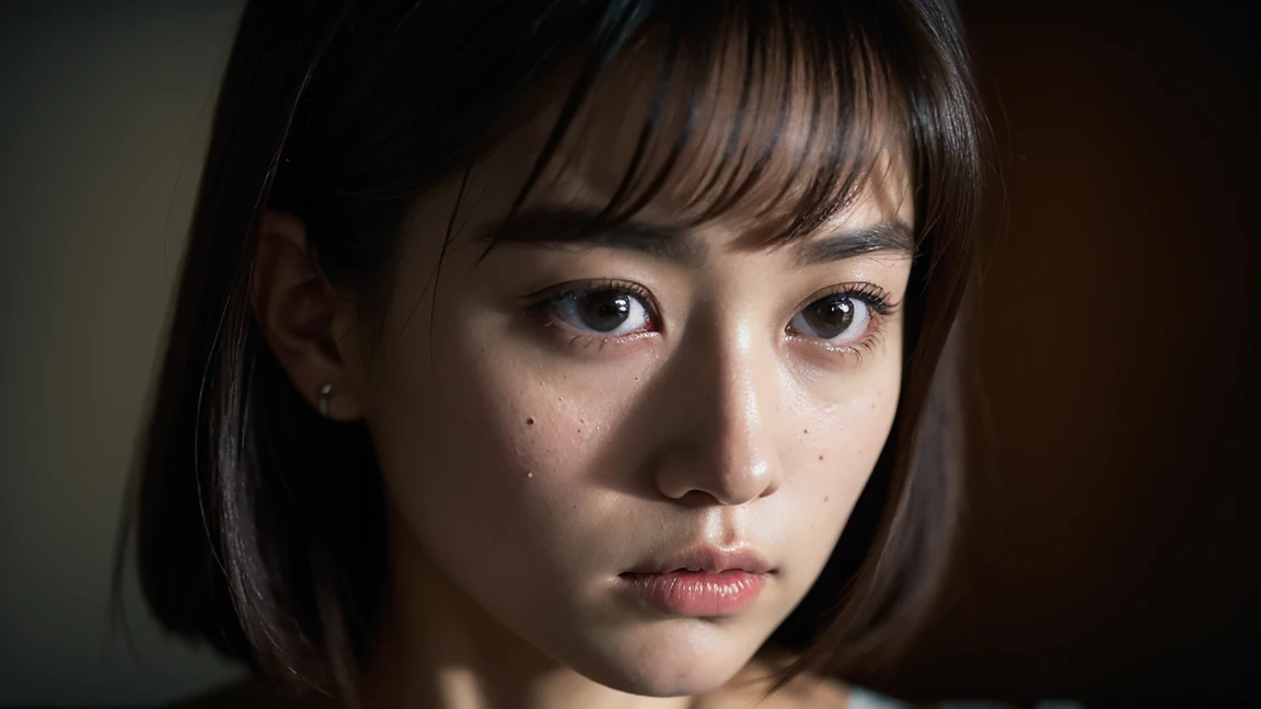 Realistic image, best quality, looking into a dimly lit living room, depressed expression, unable to move, (looking down: 1.5), Japanese girl, (Ozono Miyu) 23 years old, highly detailed face and skin texture, refined, highly detailed face,