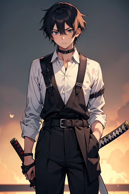 Anime boy in black harness with katana