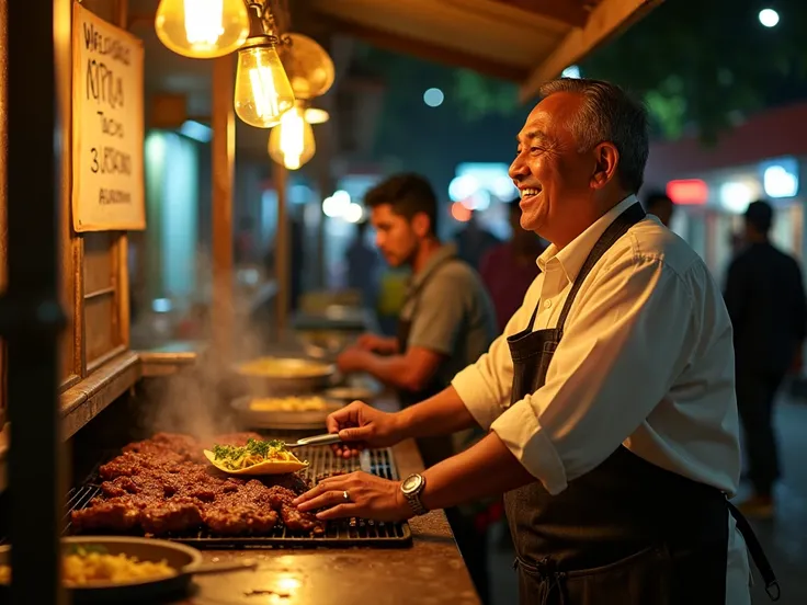  Creates an image of Andrés Manuel López Obrador  ()  tending a small taco stand on a humble street in Mexico .  Wear a simple shirt rolled up his sleeves and an apron with an apron Parsley stains.  Smile while preparing a taco to the pastor with a spatula...