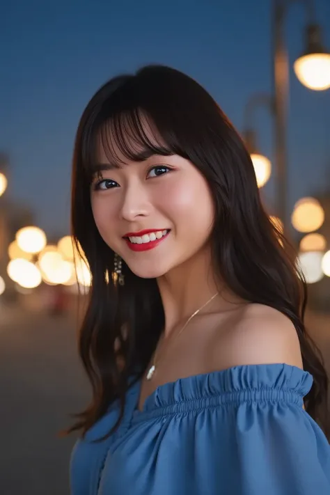 4K,26-year-old girl, beautiful face,1 person, close-up image of your face , live action,smile,  black hair, long hair, earrings, necklace, blue dress,Night in the City,