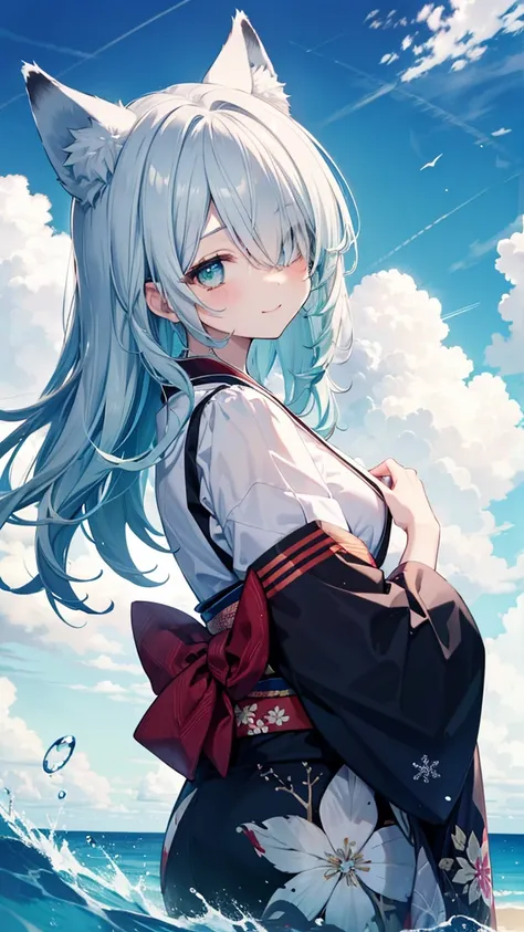  Gray Hair、long hair、hair over one eye、summer、sea、Ruins、 low angle、Cumulonimbus、 slender、  cute pose、smile、  Cool Personality、  boyish、July、  kimono、 Fox Ears、fox tail、 floating hair、 Snowflake、 high school girl、、masterpiece、masterpiece、 pale blue-green ey...