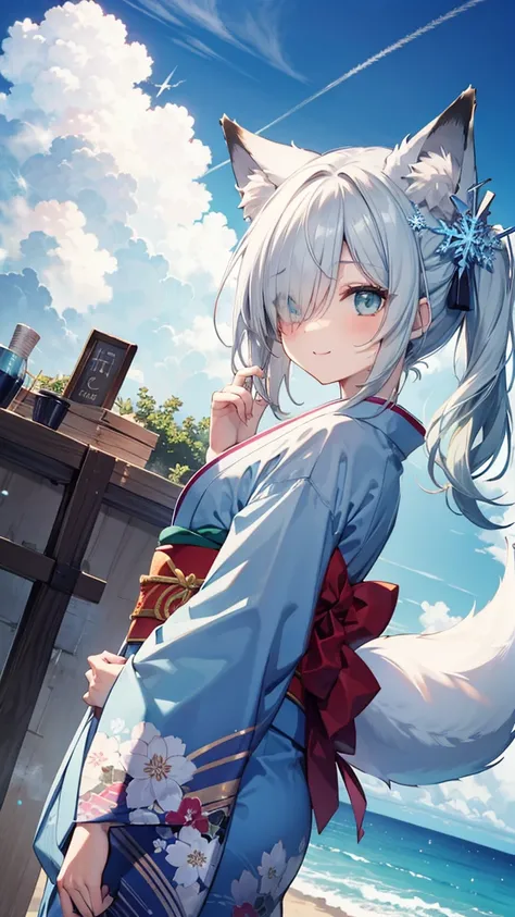  Gray Hair、long hair、hair over one eye、summer、sea、Ruins、 low angle、Cumulonimbus、 slender、  cute pose、smile、  Cool Personality、  boyish、July、  kimono、 Fox Ears、fox tail、 floating hair、 Snowflake、 high school girl、、masterpiece、masterpiece、 pale blue-green ey...