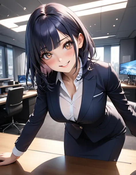 (beautiful young business woman:1.3), solo, office lady, dark blue hair, asymmetrical bangs, brown eyes, Ultra-detailed eyes, beautiful detailed face, Light makeup, beautiful breasts, embarrassed smiling expression, elegant office attire, cinematic lightin...