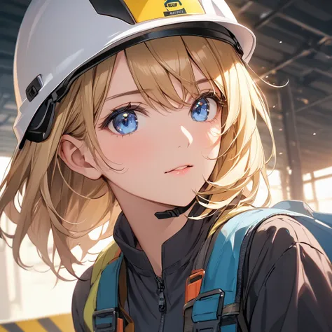 girl wearing a helmet、  blonde、 white construction helmet、 Construction work、  Face Up、  blue eyes、 helmet chin strap