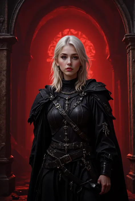 ((Higher Quality )) , (  Details),  Visenia Targaryen Dazzling , Black Dragon Armor, Black Sword, Lilith in the church, deep, Shiny metallic black , , Bloodstain, whole body,  Dramatic Red Light Style D14bl0, The Witch with Long White Hair ,  Headband and ...