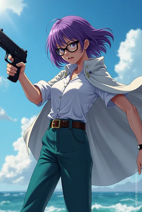 One Piece Anime, Battle of Marinford,  phantesis , Monkey di Luffi, glamorous girl in dark glasses with purple,  short hair , in the form of a sea patrol(trousers,  shirt ,  white cloak ), wind,  Dynamic poses ,  firearm 