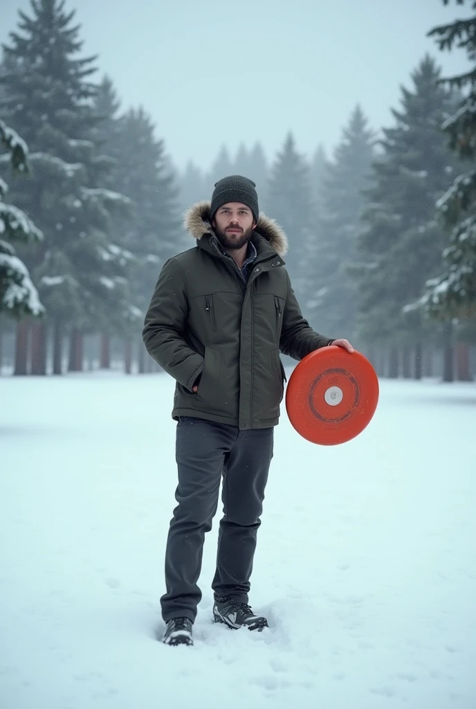 there is a man standing in the snow with a frisbee, a picture inspired by Neil Welliver, instagram, surrealism, cold as ice! 🧊, only snow i the background, standing in the snow, wearing a fisher 🧥, in the snow, in front of a forest background, distant full...