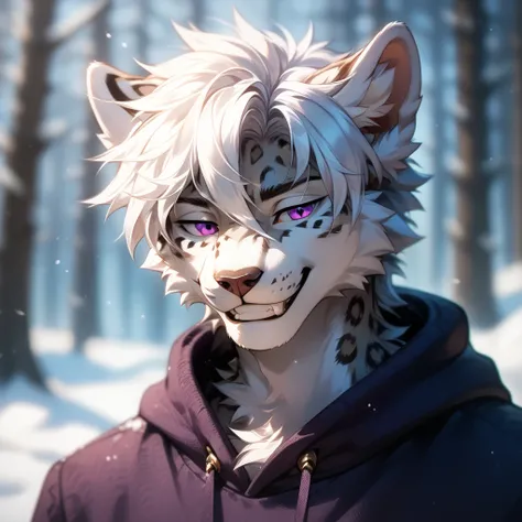 (Masterpiece), best quality, highest quality, highly detailed CG unity 8k wallpaper, original, high resolution, (depth of field: 1.5), fidelity: 1.3, solo focus, anthropomorphic snow-leopard, male, short white hair, detailed purple eyes, purple hoodie, sex...