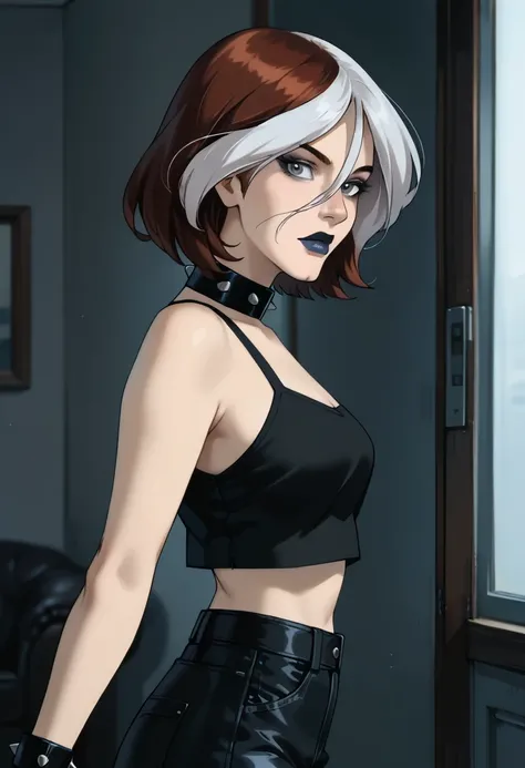 score_9, score_8_up, score_7_up, 1girl, solo, mature woman, beautiful waifu, (rogueclothesEvolution, multicolored hair, lipstick, white hair, brown hair, makeup, two-tone hair, short hair, grey eyes, spiked collar, black lips, hair between eyes:1.3), weari...