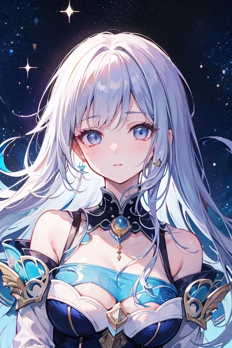   attention to detail ,  Super Detail,  super high resolution,  A girl having a great time in the galaxy of dreams , Surrounded by stars, Warm light shining on her , Background、Coloured galaxies and silver moons,  STARS FLYING AROUND HER , delicate face, A...