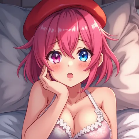   pink hair　  short hair　 Red Beret 　Right eye blue　Left eye pink　 Odd Eye Big Breasts　  bikini　anime　 embarrassed face　Up to the abdomen　 bed　 supine 